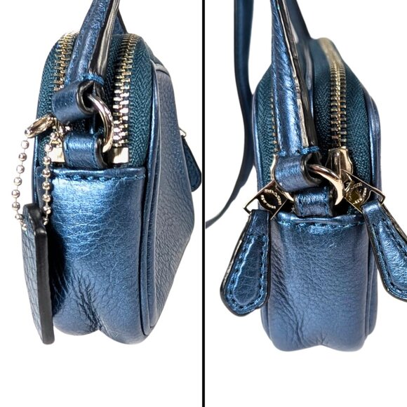 Coach Metallic Blue Leather Mini Double-Zip Pouch Crossbody Camera Bag F53372 - Picture 5 of 11
